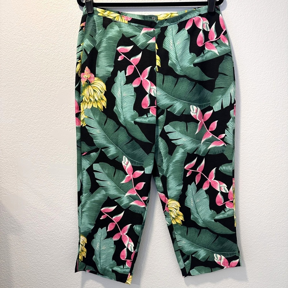 TOMMY BAHAMA Pants Size-12 Capri Crop Hawaiian 100% Silk Black Aloha Tropical